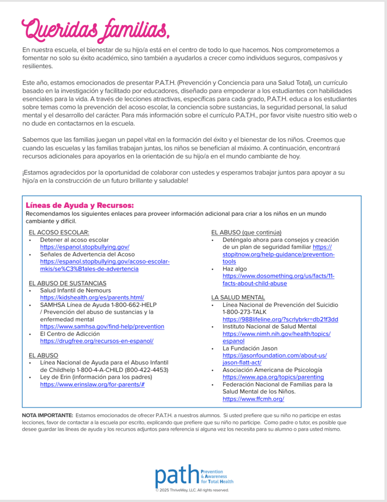 PATH Curriculum Carta a los Padres