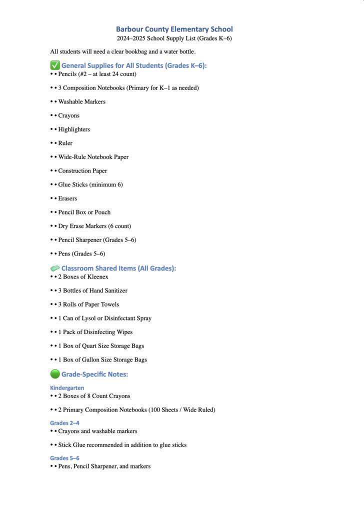 supply list