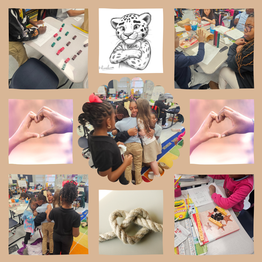 Photo of students doing math and sharing a hug with their teacher