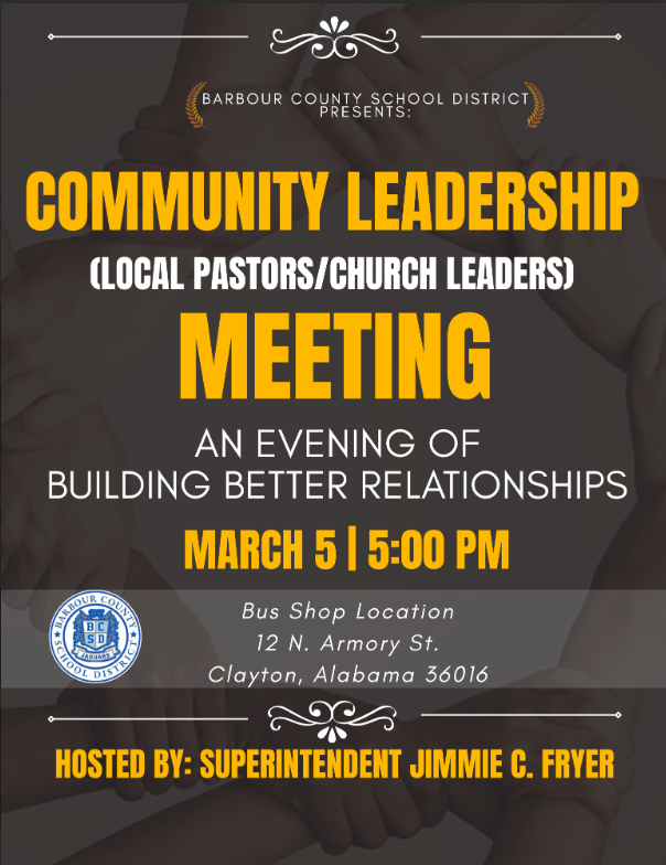 Community Leadership Meeting Flyer for March 5 at 5:00 PM