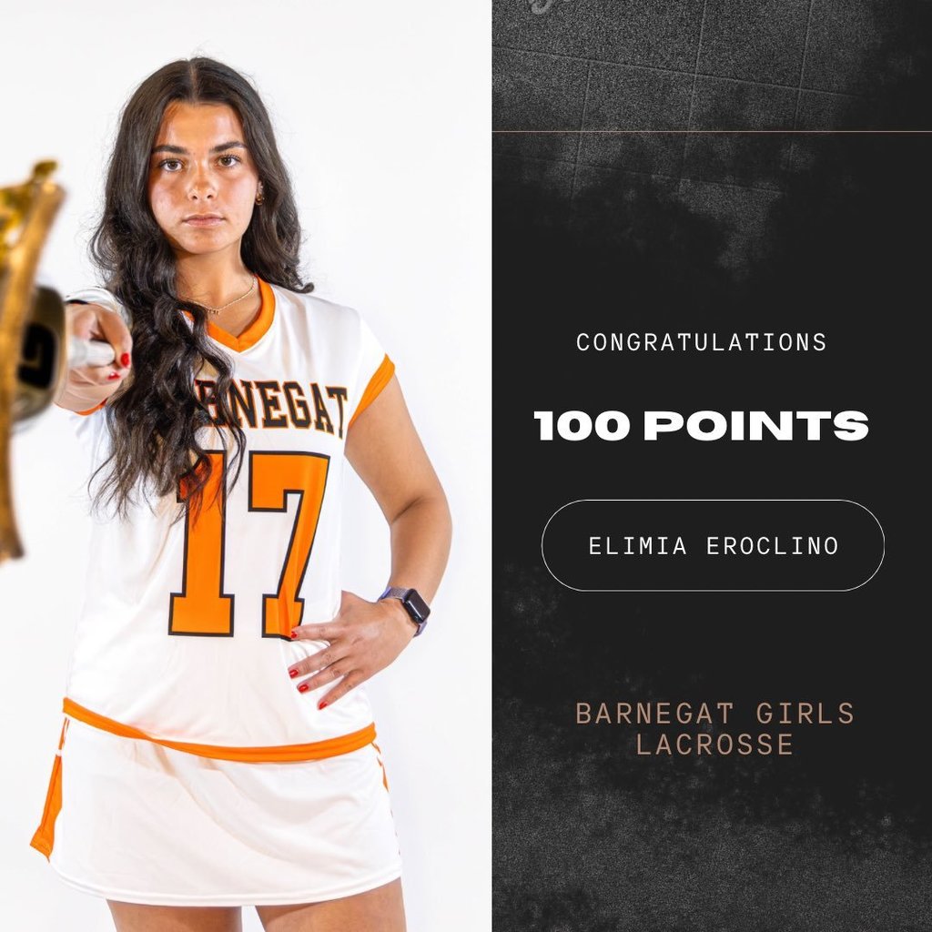 Split picture: left half is Emilia in her uniform holding a lacrosse stick; right half has congratulations, her record, her name, and sport