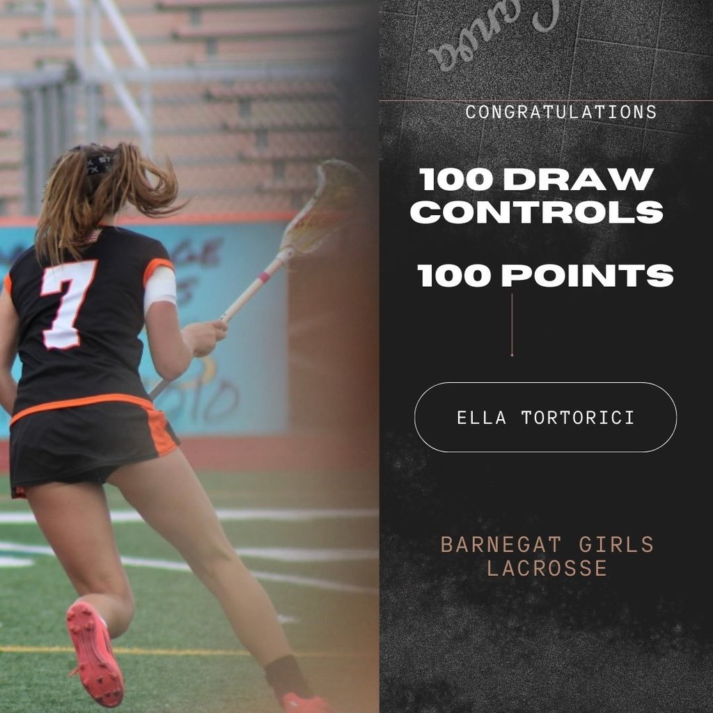 Split picture: left half is Ella on the field with her back turned holding a lacrosse stick; right half has congratulations, her records, her name, and sport