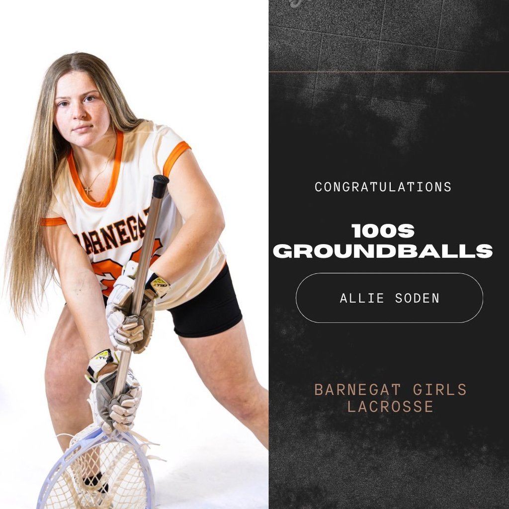 Split picture: left half is Allie holding a goalie lacrosse stick; right half has congratulations, her records, her name, and sport