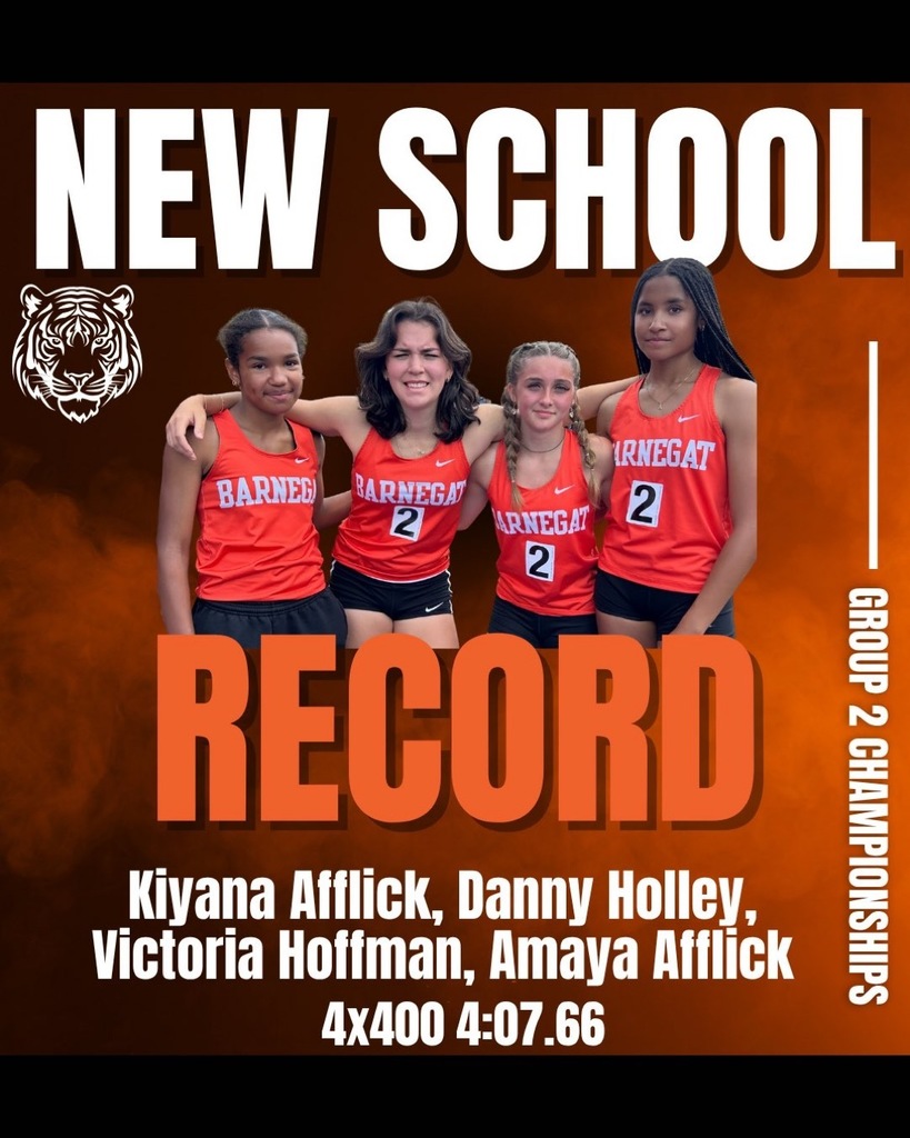 Picture of the 4 girls with the words new school record, their names, the event, their time, and the name of the meet. 