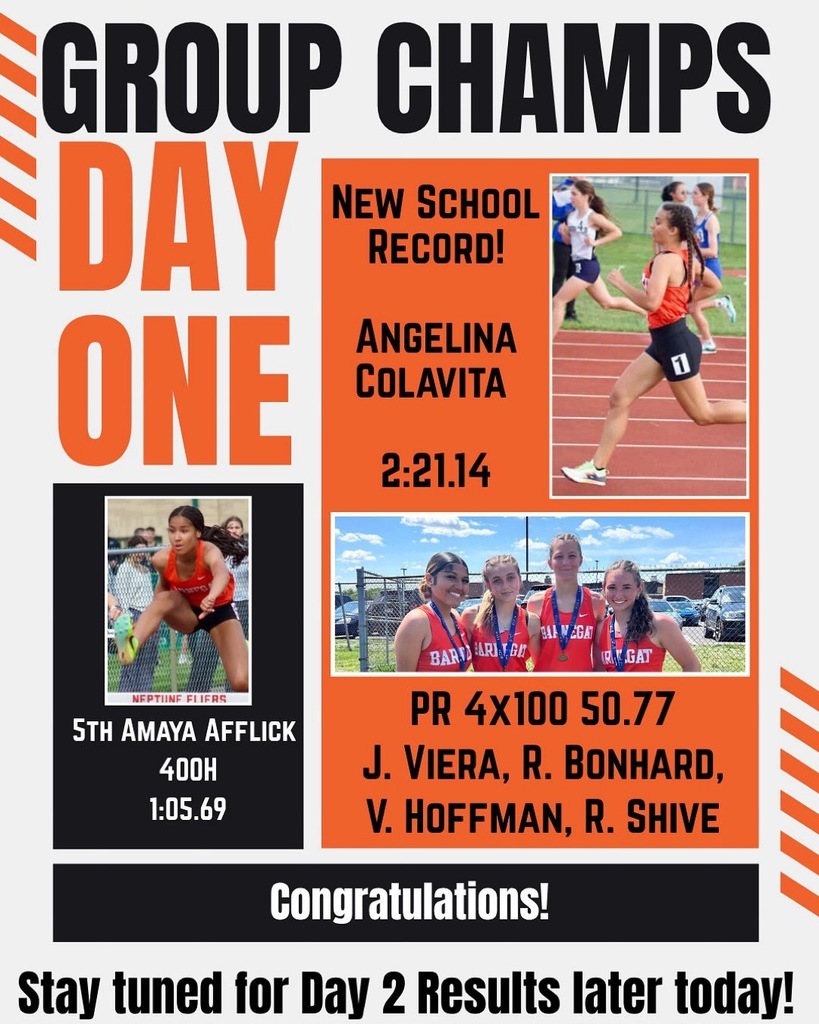 Collage that states Group Champs Day One. There are three pictures. One of Amaya mid hurdle jump, one of Angelina with her school record, and one of the 4X100 team with their PR time. 