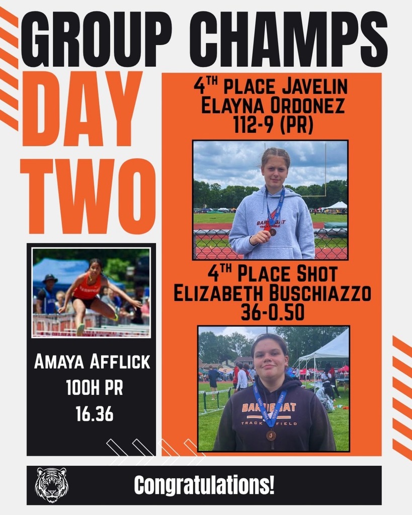 Collage that states Group Champs Day Two. There are three pictures. One of Amaya mid hurdle jump with her PR, one of Elayan wearing her medal with her stats, and one of Elizabeth wearing her medal with her stats. 