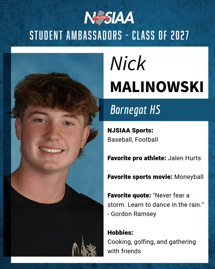 NJSIAA image of Nick and information on his favorite things.  
