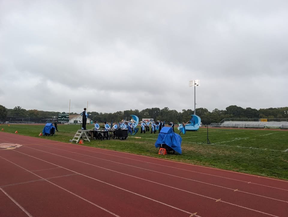 Image of the BHS Marching Bengals during their performance on the field.