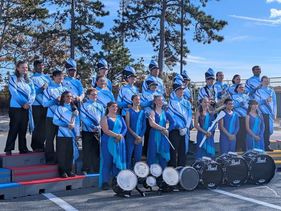 Image of the BHS Marching Bengals posing before the competition. 