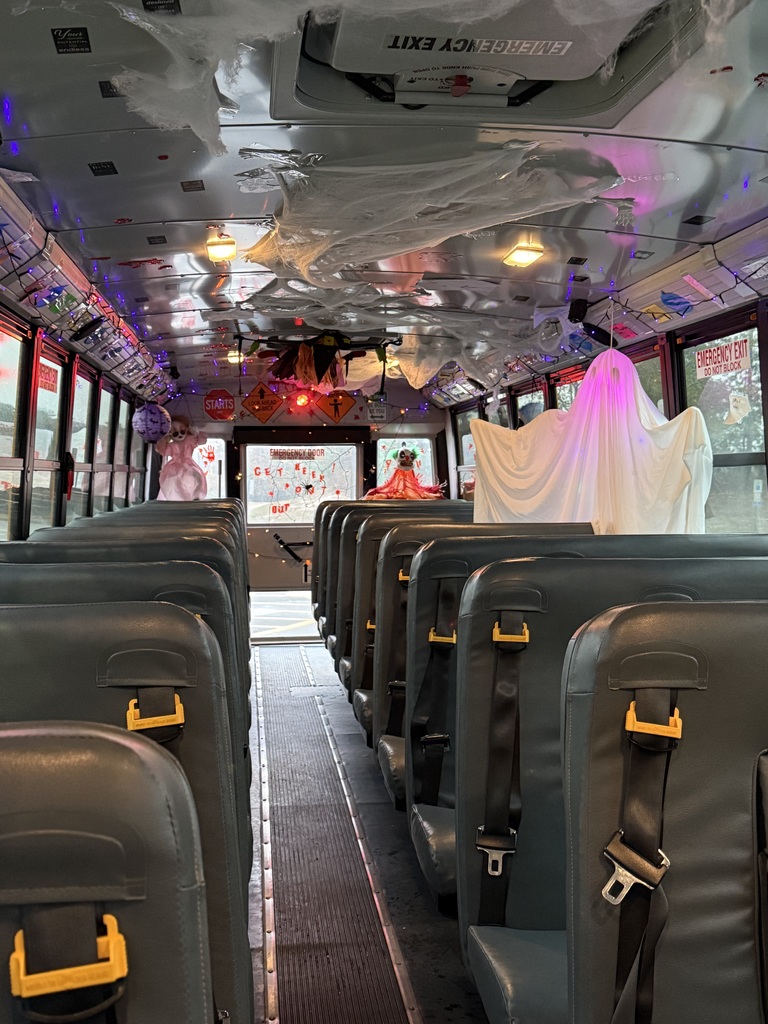 Image of the inside of the bus that was decorated for the town tour. 