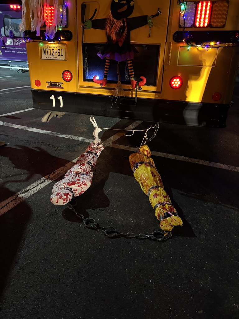 Image of the back of the bus with decorations for Halloween. 