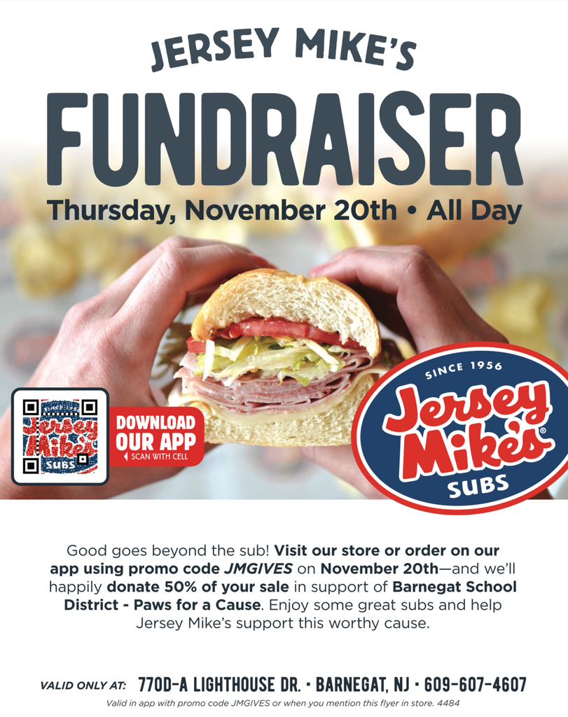 Image of the Jersey Mike's flyer that supports Paws For A Cause if dining there on November 20th.
