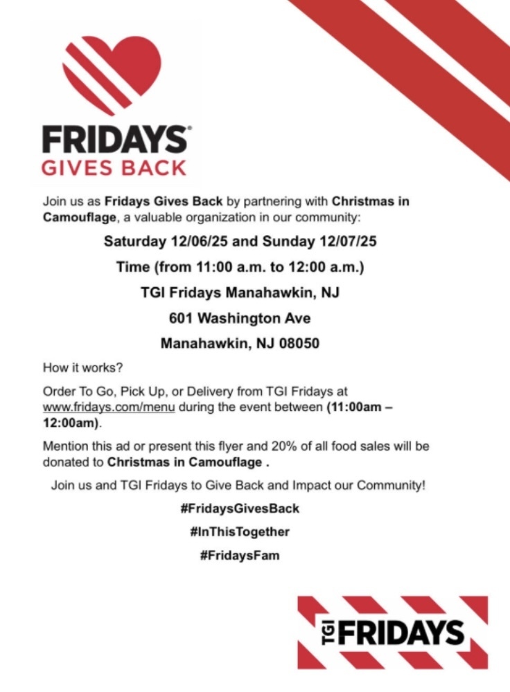 Image of the Christmas in Camouflage flyer with details for TGI Fridays. 