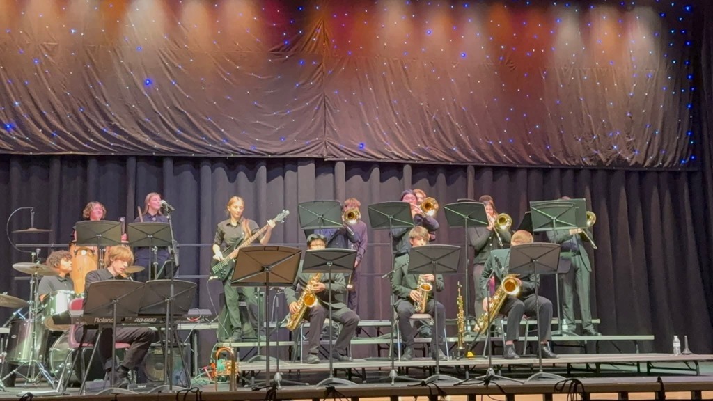 Image of the BHS jazz band performing on stage. 