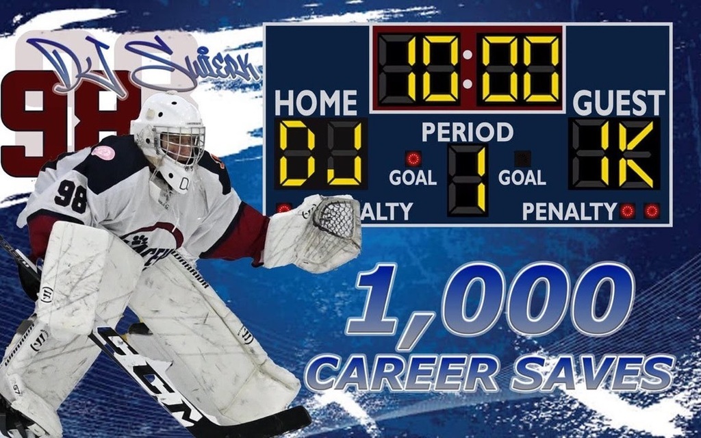 Image of DJ in his full goalkeeper gear with a score board and underneath states 1,000 career saves.