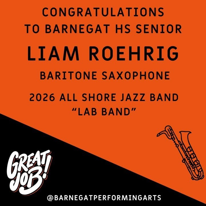 Image promoting Liam as a participant in the 2026 All Shore Jazz Band "Lab Band" on the baritone saxophone. 
