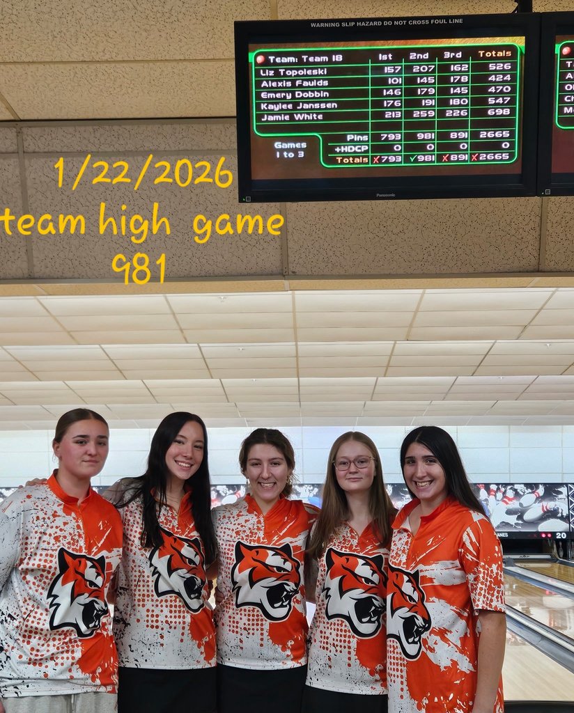 Image of the 5 girls bowlers posing under the scoreboard. 