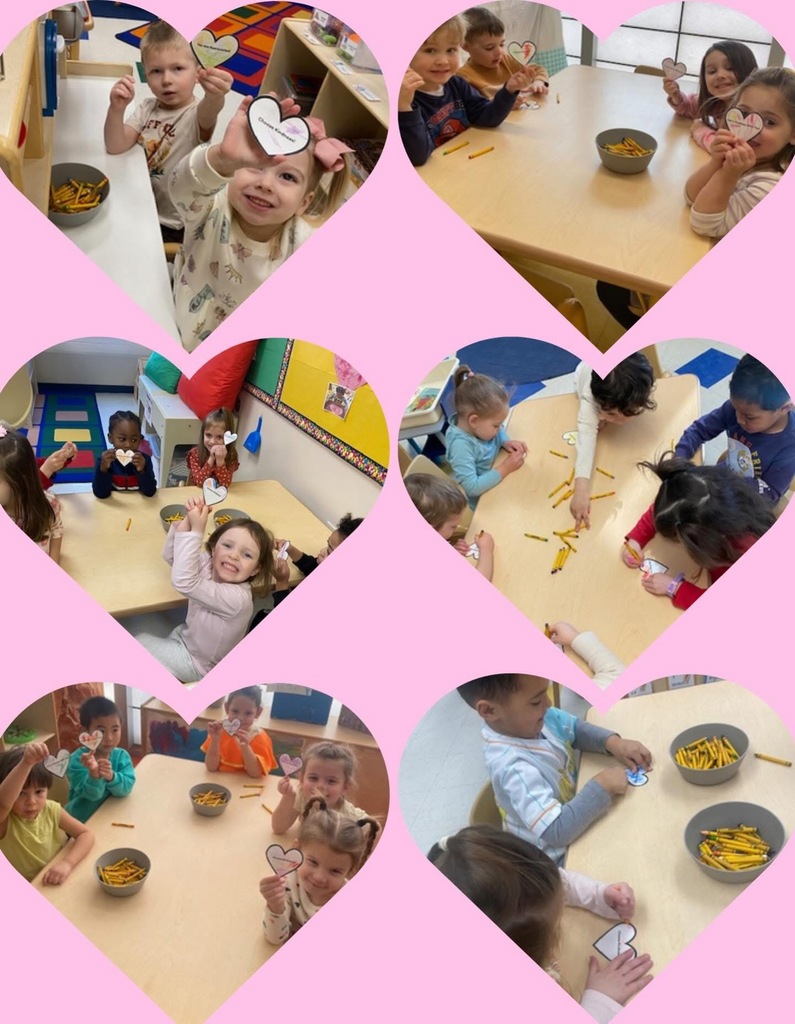 Image of a six heart picture collage of the Pre-K students decorating the hearts for the community project. 