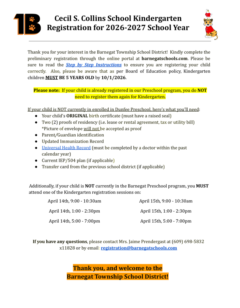 Image of a flyer with all of the information on dates and times for Kindergarten registration for students not enrolled in the Dunfee School. 
