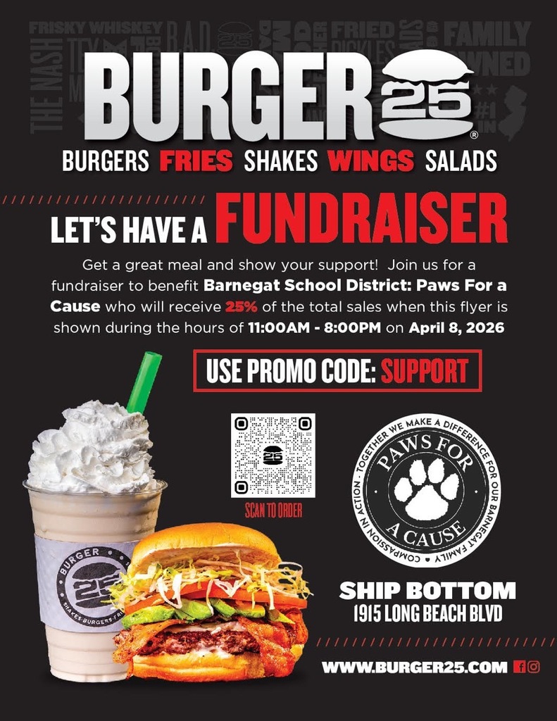 Image of the Burger 25 flyer with the details on how to support Paws for a Cause on April 8th at their Ship Bottom location. 