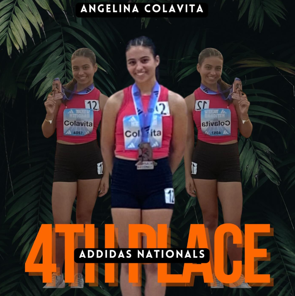 Image of Angelina in three different poses wearing her medal around her neck that says 4th Place Adidas Nationals.  