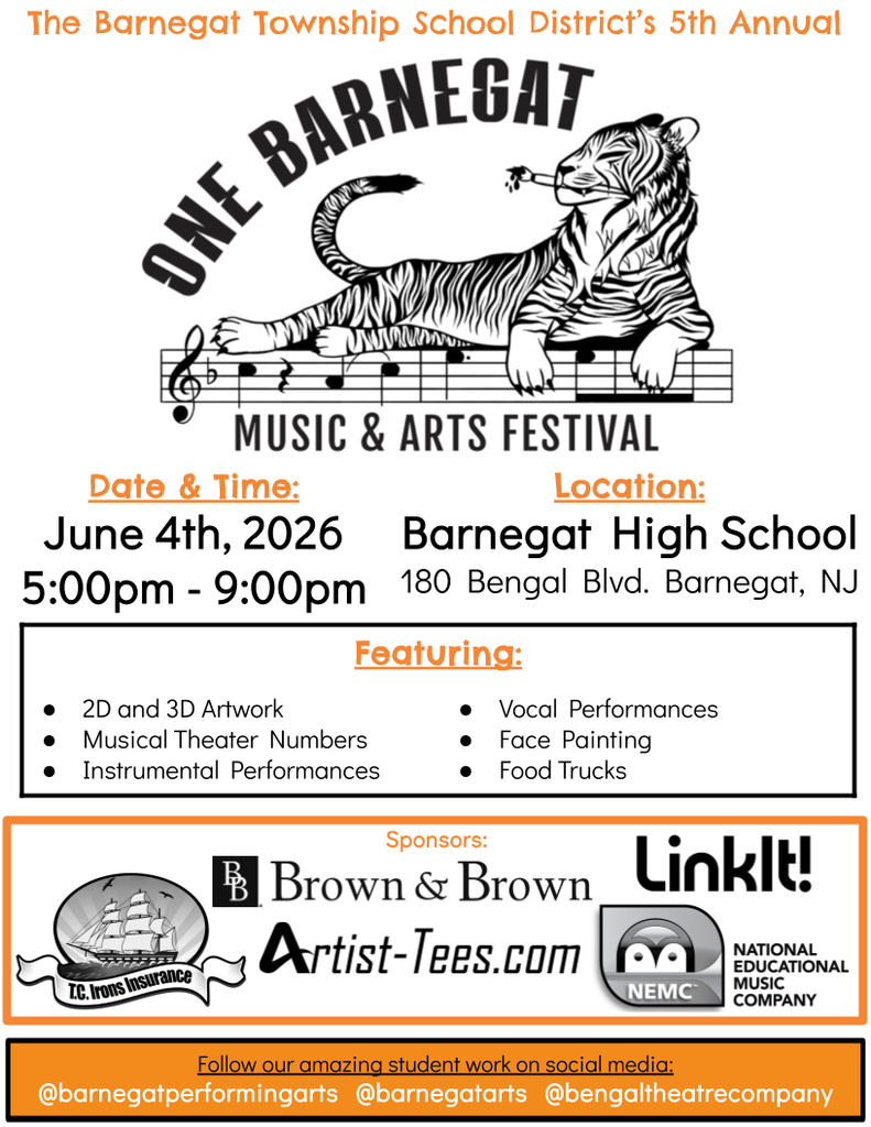 Image of the One Barnegat Music and Arts Festival flyer with all of the details of the community event. 
