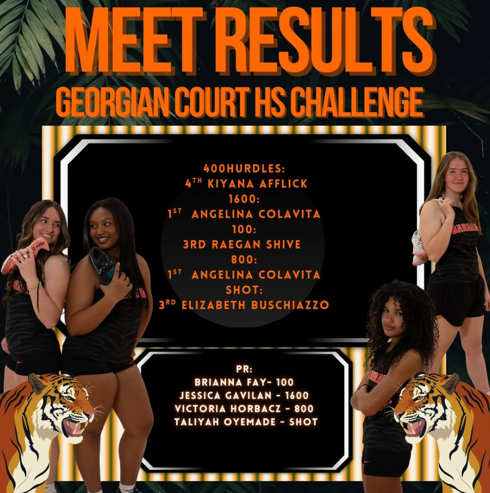 Image of the meet results for the Georgian Court University High School Challenge that includes the names of those who placed and those who PR'ed.  