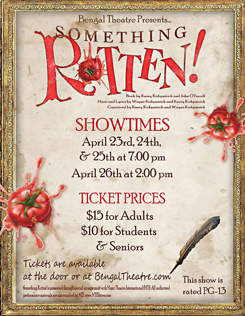Image of the flyer for the BHS play, Something Rotten, with the details of the shows and how to purchase tickets. 