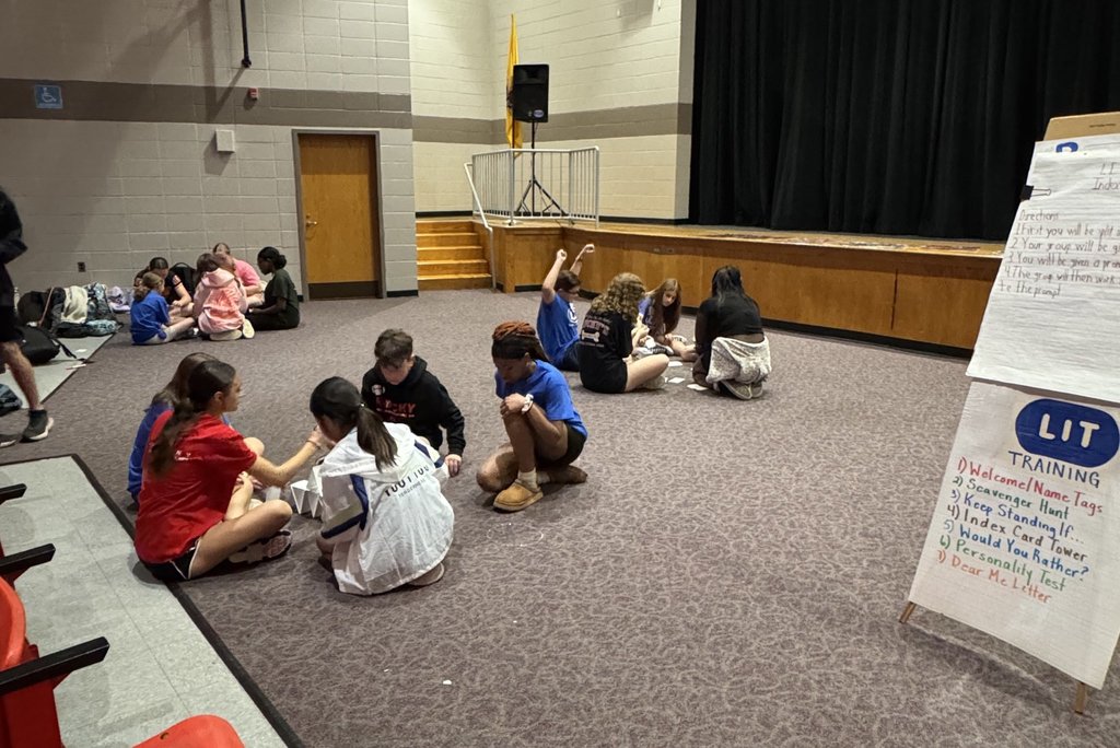 Image of ROBMS and RLHS Leaders In Training sitting on the floor working in small groups on an activity.  