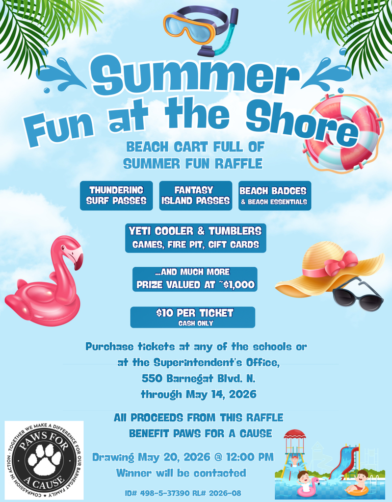 Image of the flyer for the PFAC Summer Fun at the Shore raffle with all of the details to purchase tickets. 