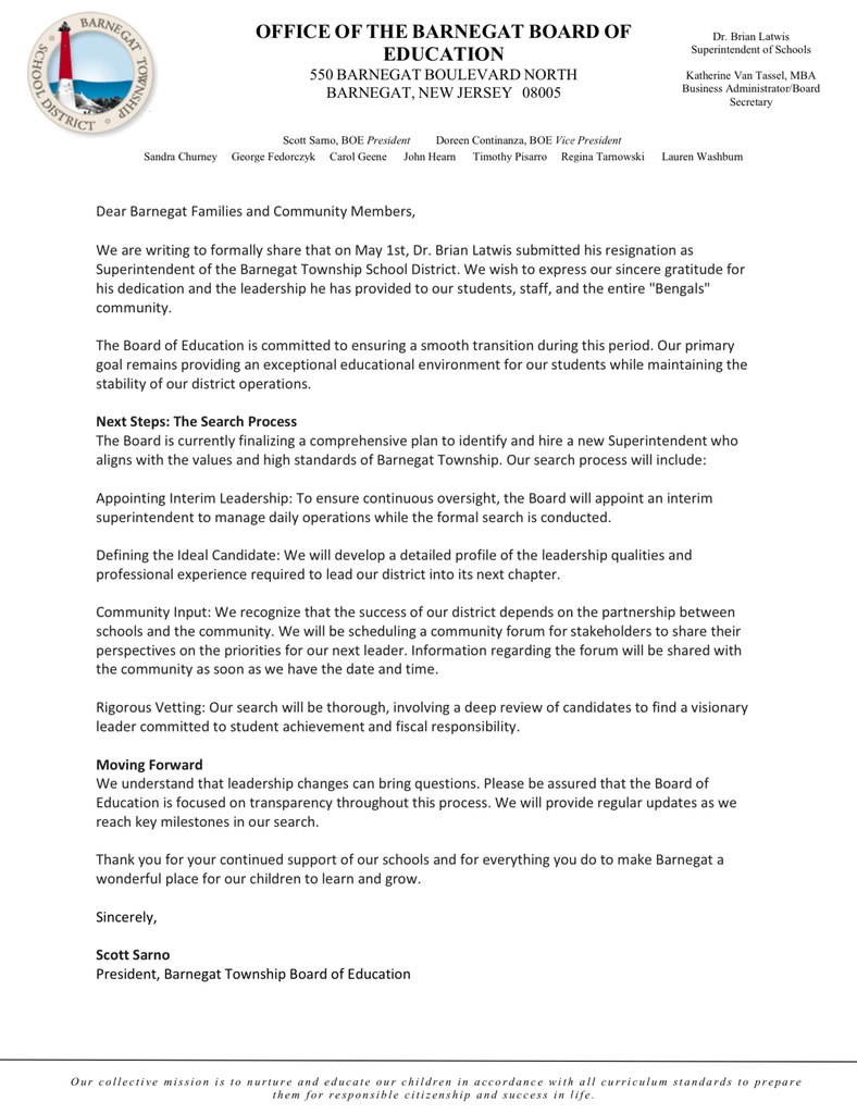 Image of a letter written by the Board President about next steps in finding a new Superintendent.