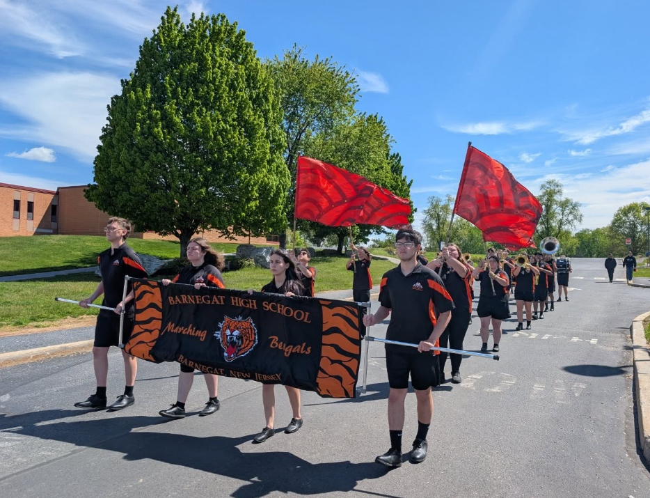 Image of the BHS Marching Bengals performing in the parade division marching while holding their sign and flags. 