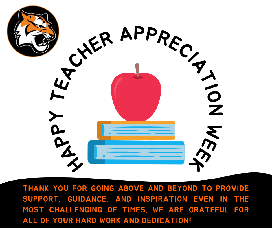 Image of a Teacher Appreciation post with a bengal face, an apple, and books thanking teachers for their hard work and dedication. 