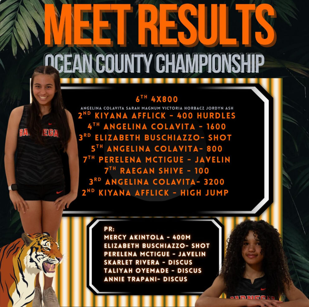 Image of the meet results for the girls track team at the Ocean County Championship and the girls PR's. 