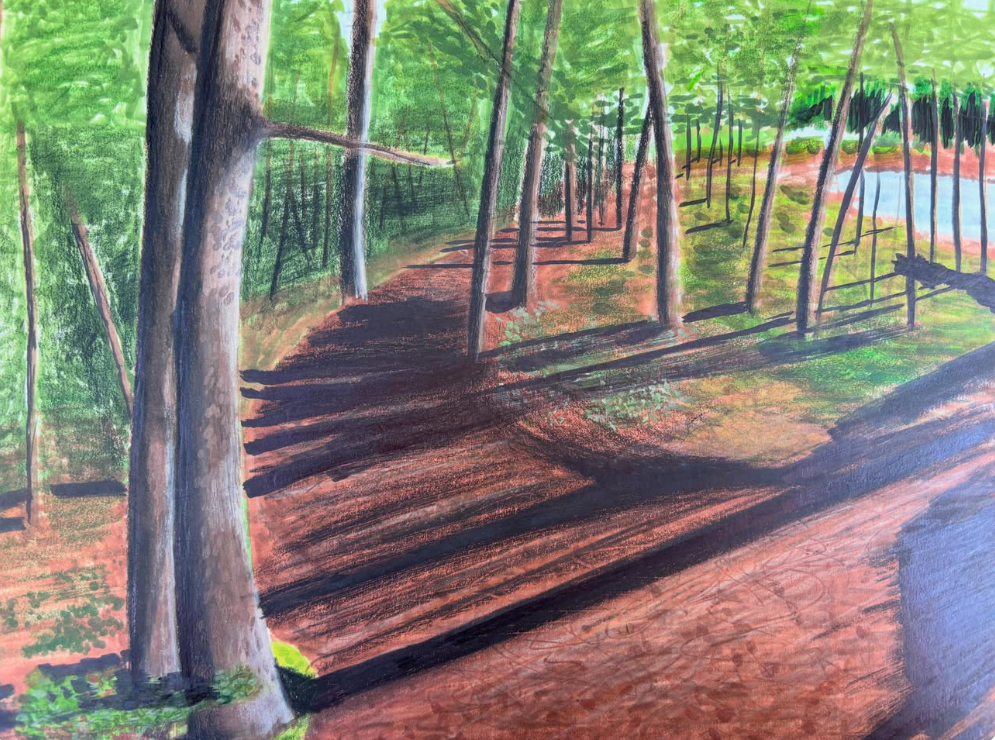 Image of Noah's artwork that includes a walking path surrounded by trees and a pond. 