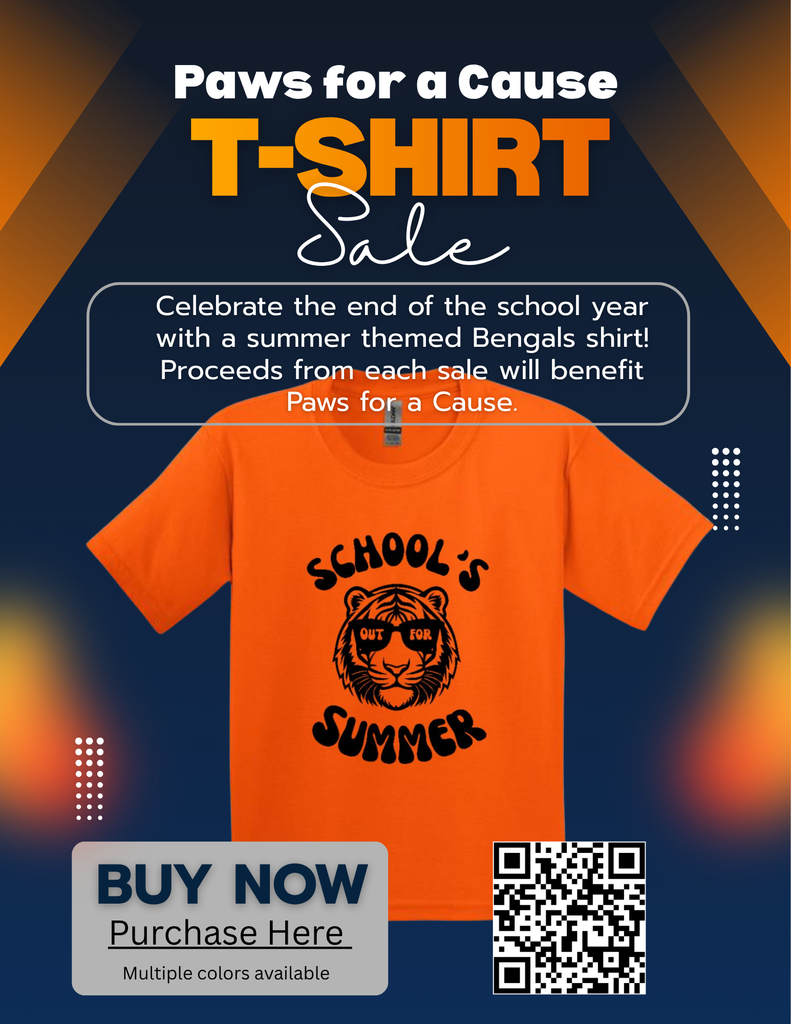 Image of the flyer for t-shirt sales with a QR code that says School's Out For Summer with a Bengal face. 