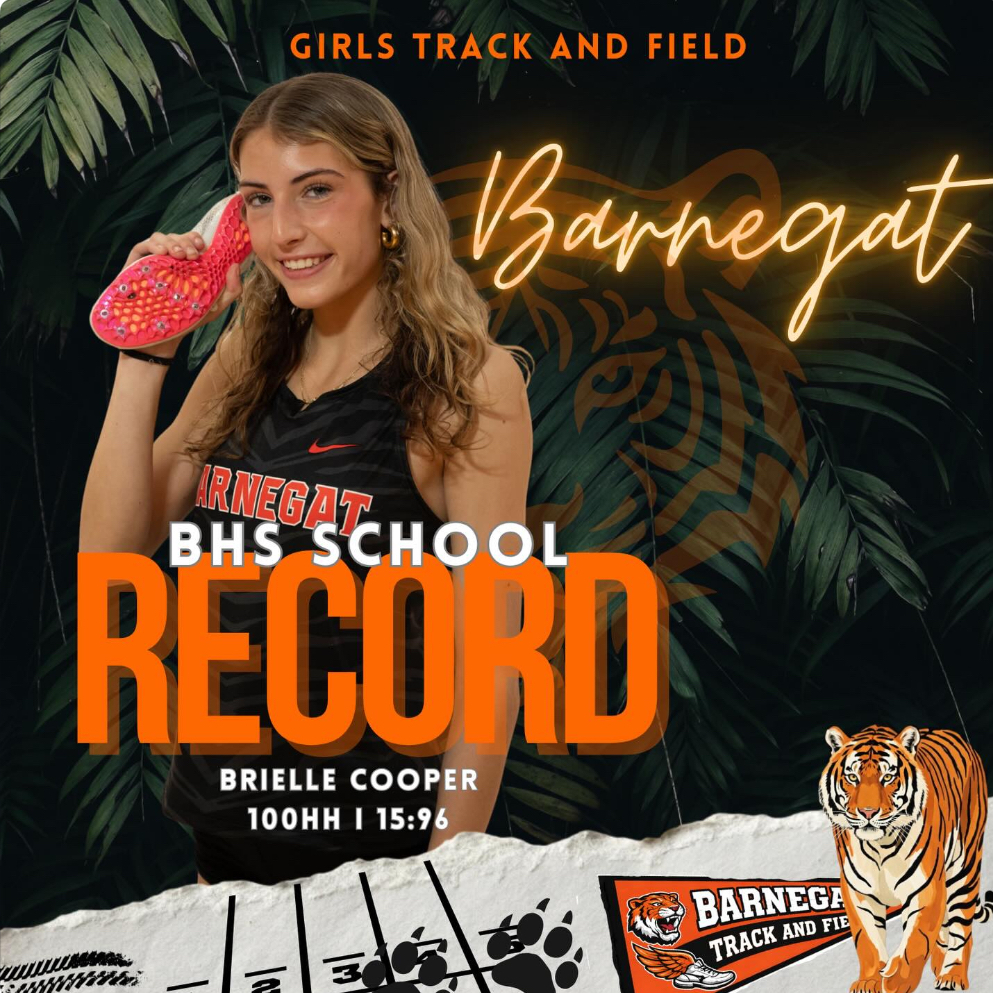 Image of Brielle holding a track shoe to her ear that says Girls Track and Field BHS School Record with her name, event, and time. 