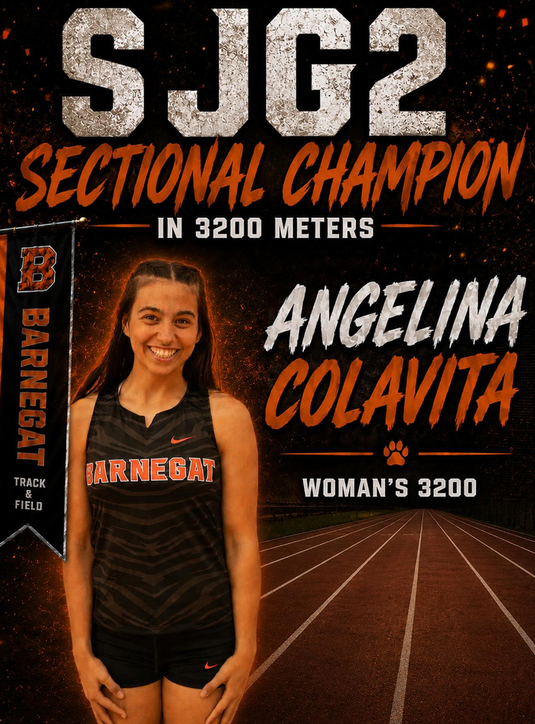 Image of Angelina with a track in the background that says SJG2 Sectional Champion 3200M, her name and a Barnegat Track & Field flag.  