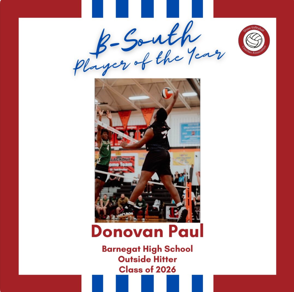 Image of Donovan jumping up to hit a volleyball over the net that says B-South Player of the Year, his name, BHS, position, and Class of 2026