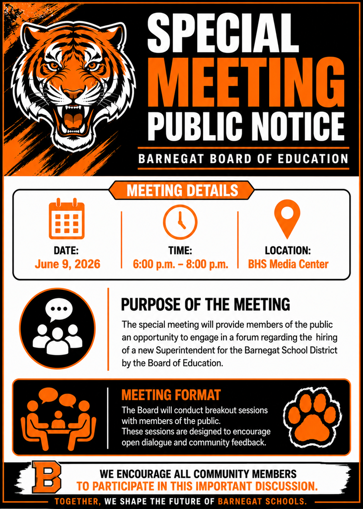 Image of a flyer for the BOE Special Meeting with all of the information June 9th 6:00 PM BHS Media Center.  