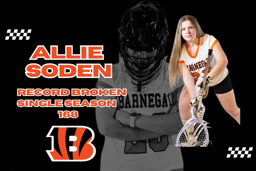Image of Allie holding her lacrosse stick and one of her in black and white wearing her helmet that says her name, record broken single season 168, with a B.