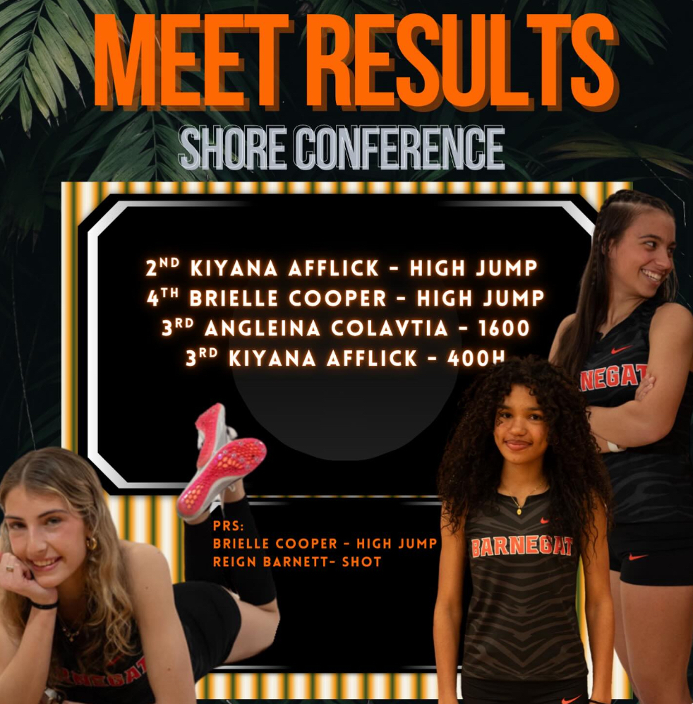 Image of the girls track meet results at the Shore Conference for those who placed and those with PR's.