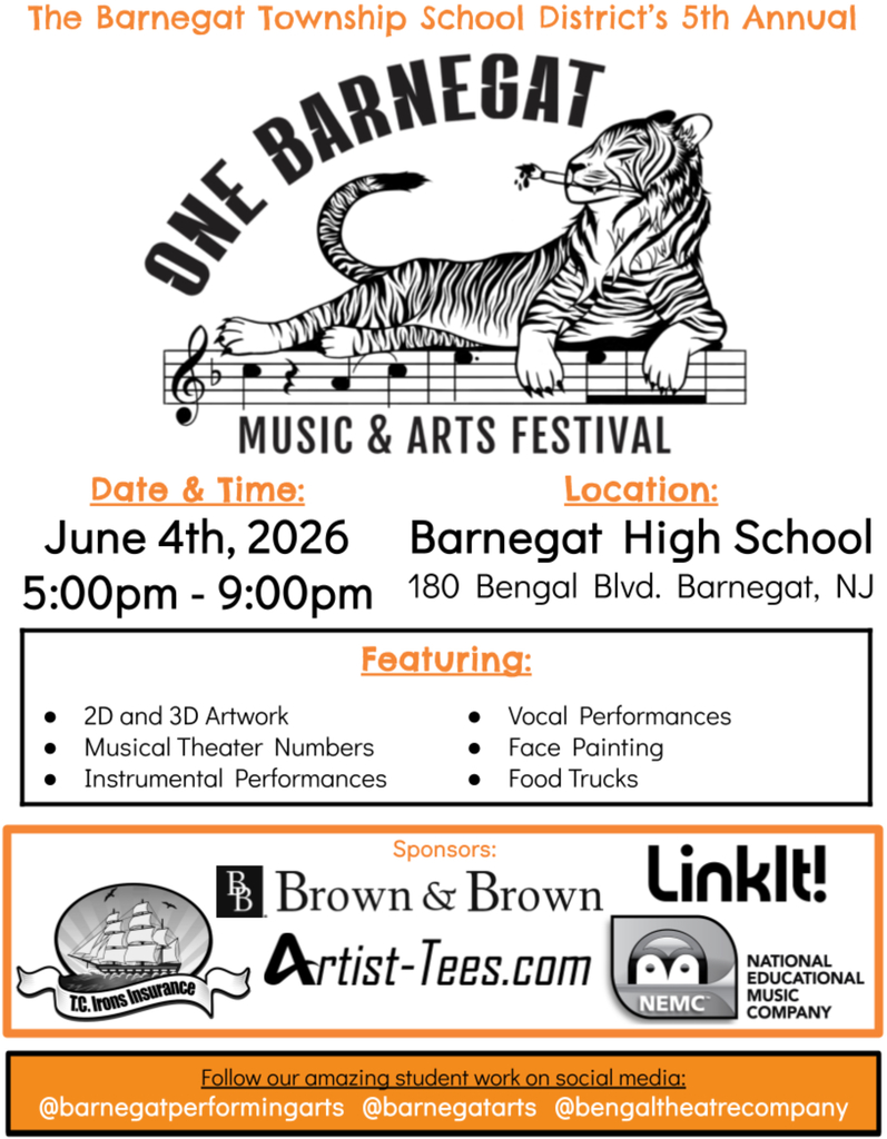 Image of the flyer for the One Barnegat Music & Arts Festival with all of the details of the event.