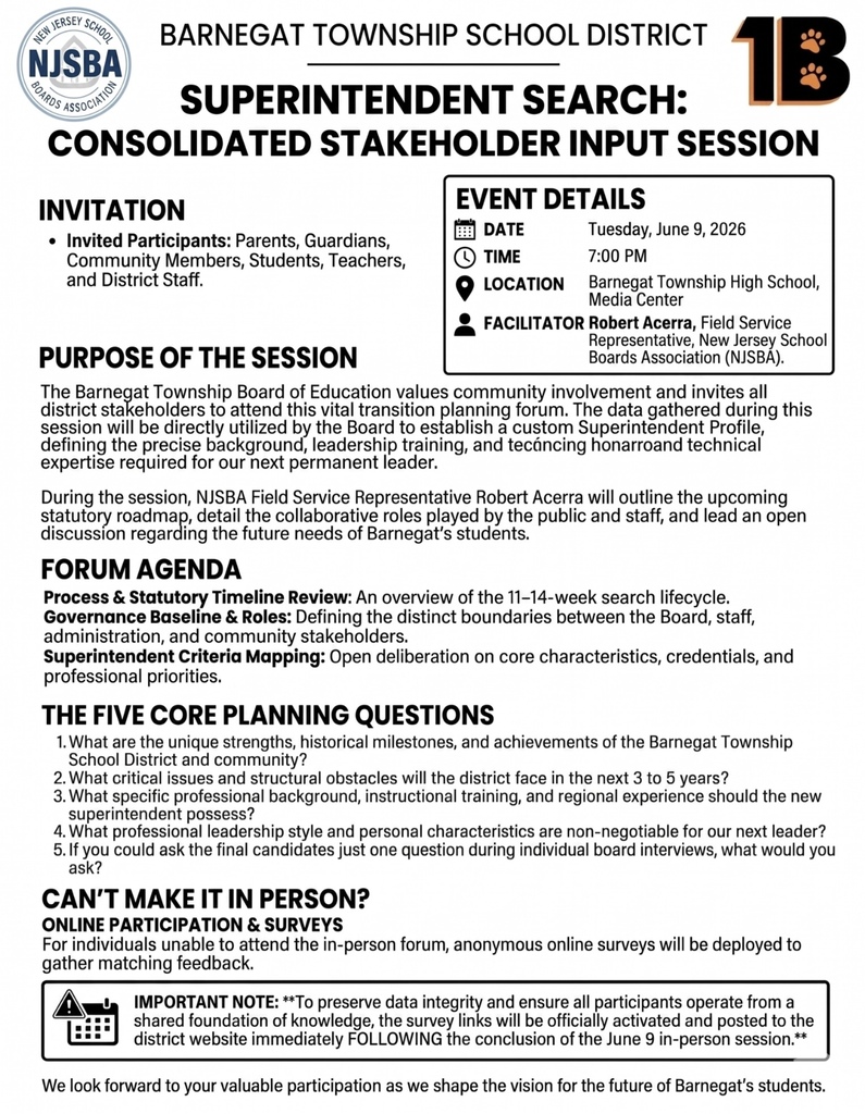Image of the Board of Education flyer with information for the next Superintendent search. 