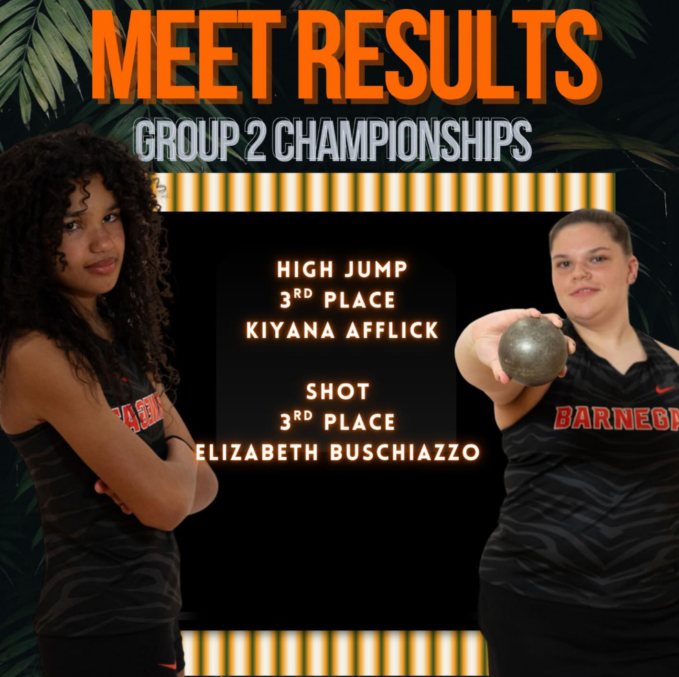Image of the girls track meet results at the Group 2 Championships and pictures of Kiyana (3rd place HJ) and Elizabeth (3rd place shotput).    