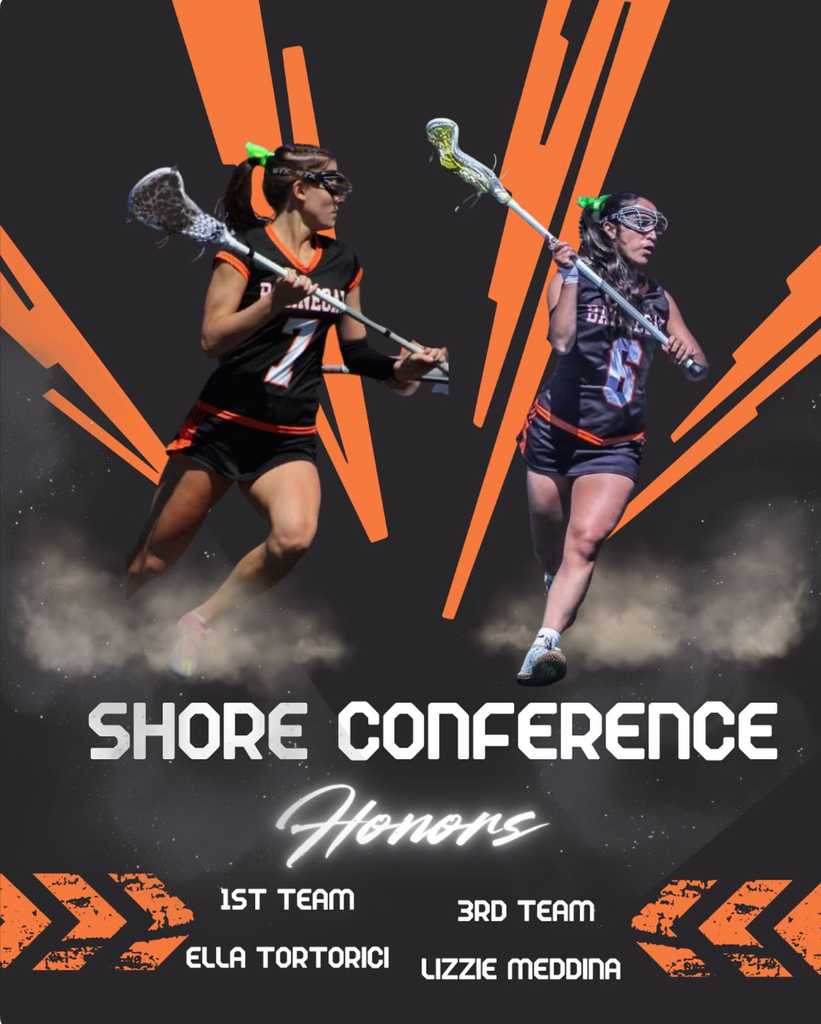Image of the two girls playing in full gear on a black and orange background that says Shore Conference Honors with their names and the teams they were selected for. 