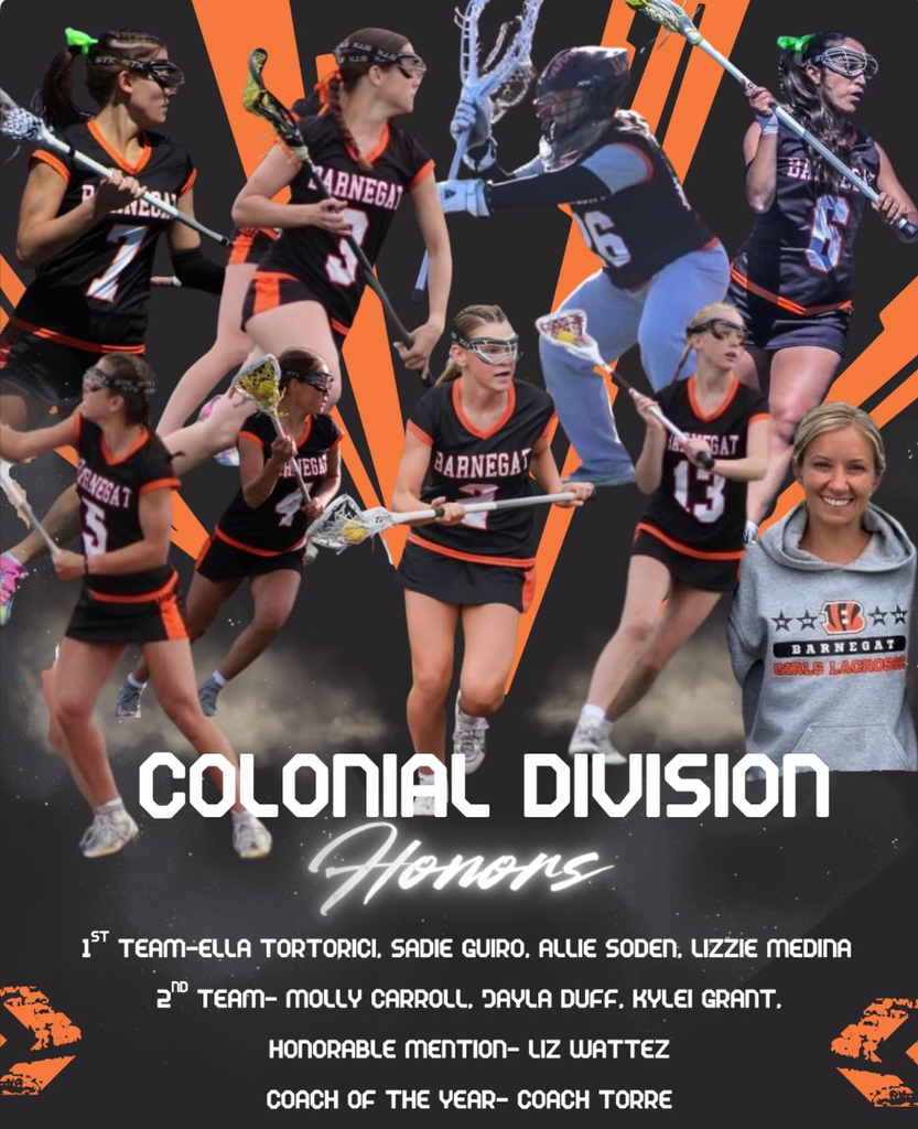 Image of the eight girls and their coach playing in full gear on a black and orange background that says Colonial Division Honors with their names and the teams they were selected for plus the Coach Torre as Coach of the Year.  