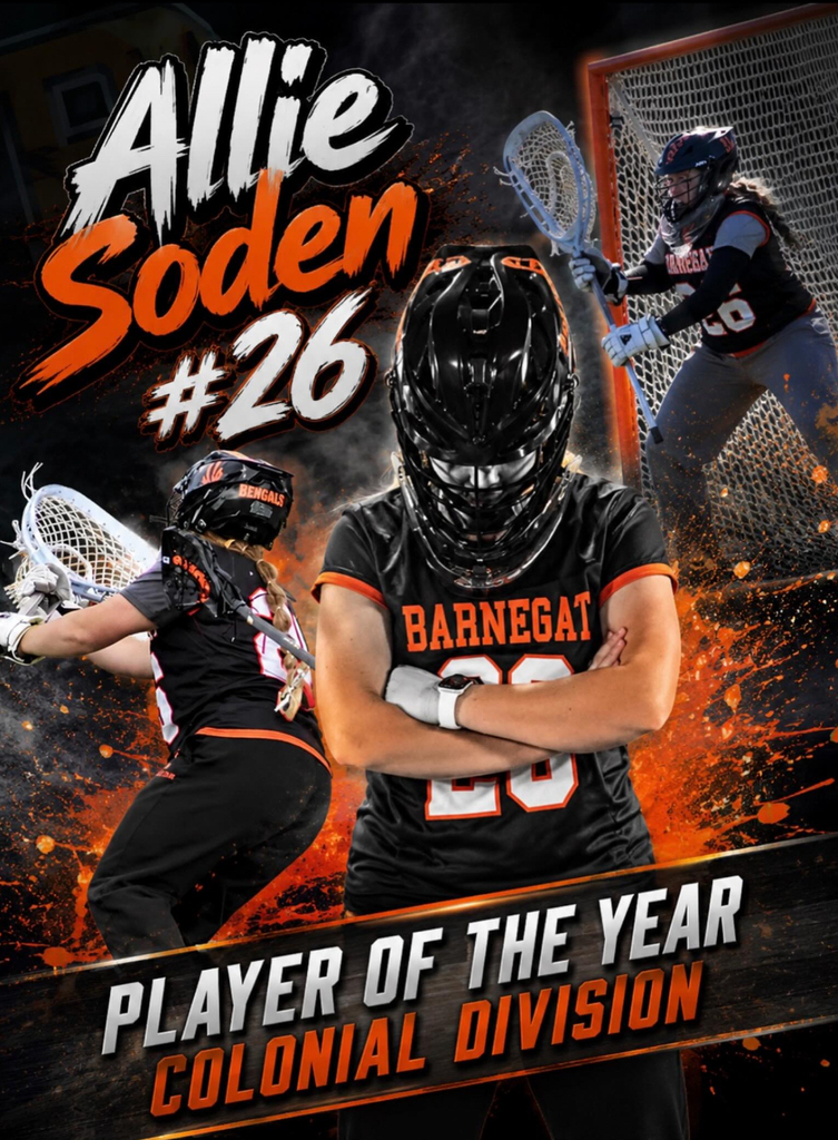 Image of three different images of Allie, two playing in goal and one posing with her head down, that says Allie Soden #26 Player of the Year Colonial Division. 