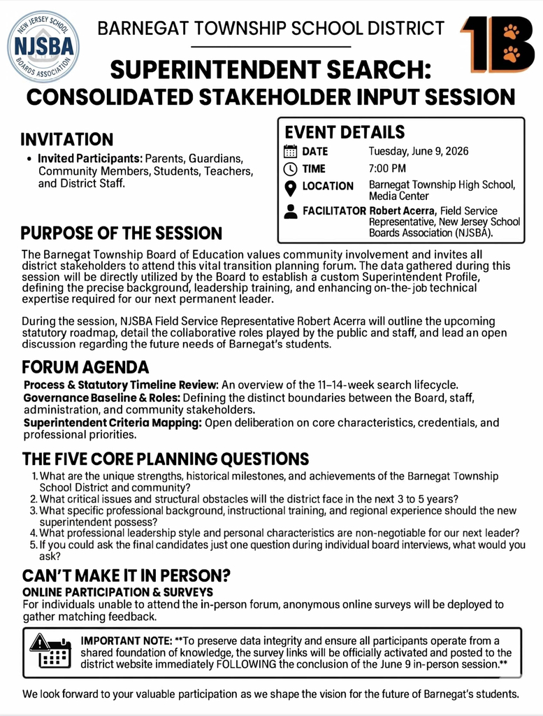 Image of the Board of Education flyer with information for the next Superintendent search.