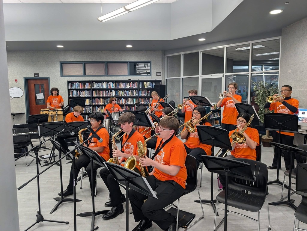 Image of the BHS jazz band performing in the Media Center. 